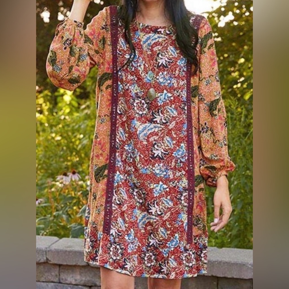 Matilda Jane Boho Cottagecore Whimsical Mixed Floral Print Ruffle Shift Dress S